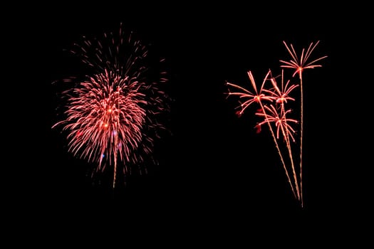 abstract Fireworks light up the dark sky background