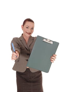 A happy smiling business woman giving her clipboard and blue pen.to do your work for her, isolated for white background.