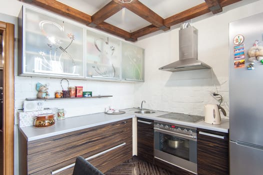 Russia, Moscow- May 16, 2019: interior room apartment. standard repair decoration in hostel. kitchen and dining room
