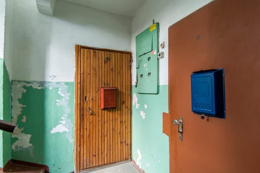 Russia, Moscow- May 16, 2019: interior room apartment. standard repair decoration in hostel. old not modern decor