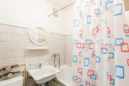 Russia, Moscow- May 16, 2019: interior room apartment. standard repair decoration in hostel. bathroom and toilet