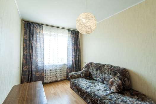 Russia, Moscow- May 16, 2019: interior room apartment. standard repair decoration in hostel. old not modern decor