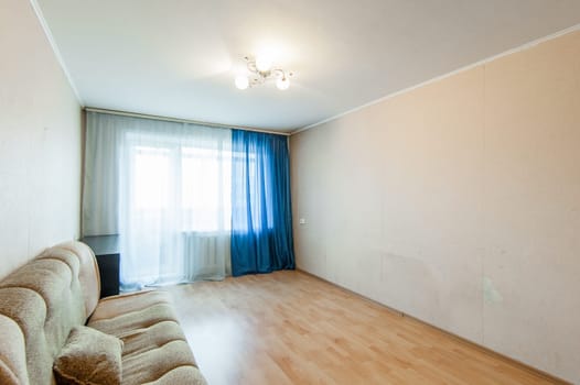 Russia, Moscow- May 16, 2019: interior room apartment. standard repair decoration in hostel. old not modern decor