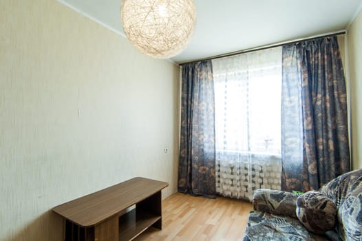 Russia, Moscow- May 16, 2019: interior room apartment. standard repair decoration in hostel. old not modern decor