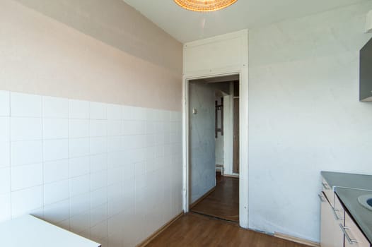 Russia, Moscow- May 16, 2019: interior room apartment. standard repair decoration in hostel. kitchen and dining room