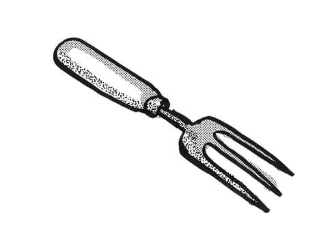Retro cartoon style drawing of a hand fork , a garden or gardening tool equipment on isolated white background done in black and white