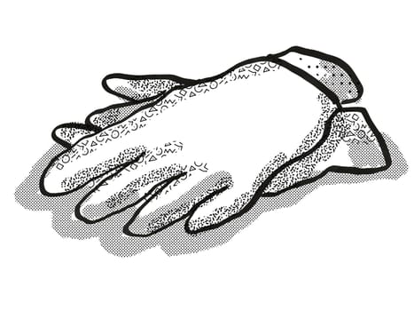 Retro cartoon style drawing of a pair of gardening gloves on isolated white background done in black and white