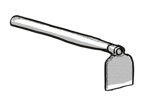 Retro cartoon style drawing of a grub hoe or grab hoe, a garden or gardening tool equipment on isolated white background done in black and white