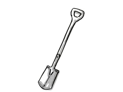 Retro cartoon style drawing of a border spade with D-handle , a garden or gardening tool equipment on isolated white background done in black and white