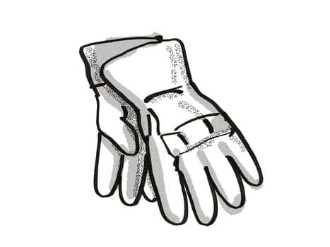Retro cartoon style drawing of a pair of gardening gloves on isolated white background done in black and white