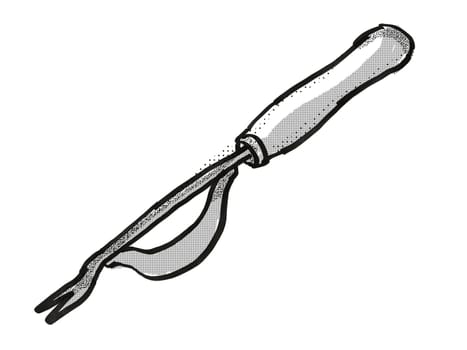 Retro cartoon style drawing of a hand weeder , a garden or gardening tool equipment on isolated white background done in black and white