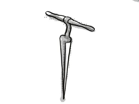 Retro cartoon style drawing of a wheelwright's reamer  , a woodworking hand tool  on isolated white background done in black and white