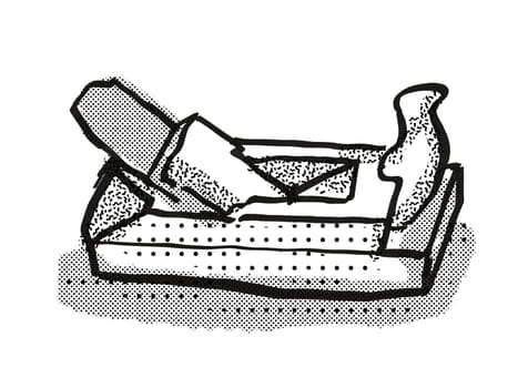 Retro cartoon style drawing of a wood smoothing plane , a woodworking hand tool  on isolated white background done in black and white