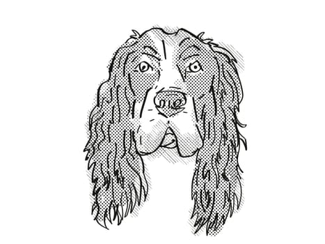 Retro cartoon style drawing of head of a English Cocker Spaniel, a domestic dog or canine breed on isolated white background done in black and white.