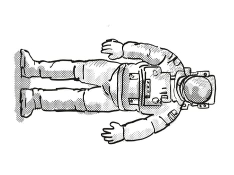 Retro cartoon style drawing of a vintage astronaut or spaceman wearing spacesuit viewed from front on isolated white background done with half-tone dots in black and white.