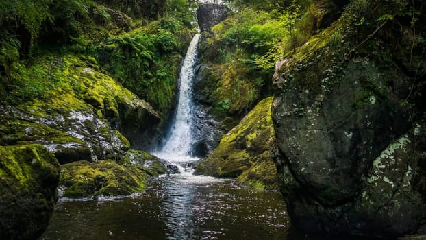 Small cascade on a mountain stream or creek, between mossy rocks, water flowing among stones, autumn, Wicklow, Ireland