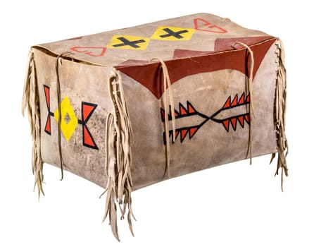 Transport box made of rawhide indian painted with leather cords isolated on white