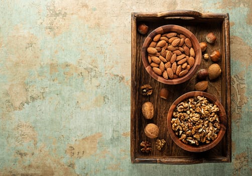 Assortment of mixed nuts. Hazelnuts, walnuts and almonds. Healthy food.