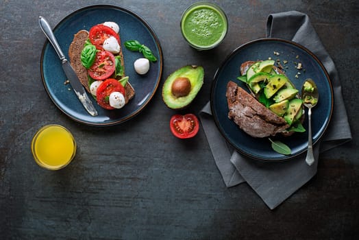 Breakfast served with different sandwiches with vegetable and cheese. Continental delicious healthy breakfast table