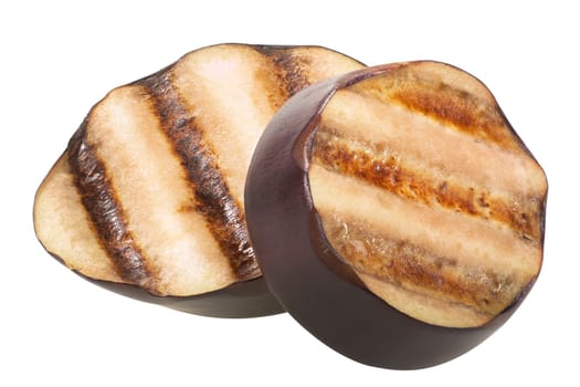 Grilled aubergine slices with grill streaks, isolated