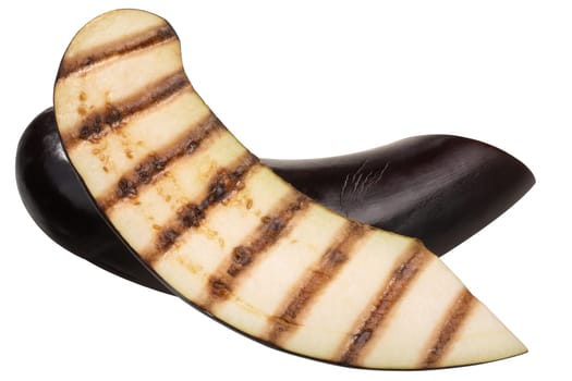 Grilled aubergine slices with grill streaks, isolated, top view