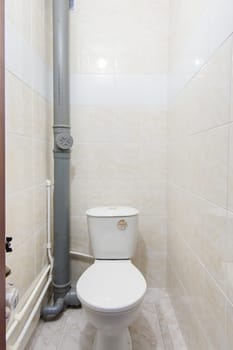 Russia, Moscow- May 17, 2019: interior room apartment. standard repair decoration in hostel. bathroom and toilet