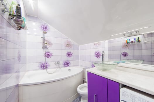 Russia, Moscow- May 17, 2019: interior room apartment. standard repair decoration in hostel. bathroom and toilet