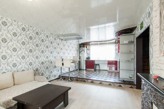 Russia, Moscow- May 17, 2019: interior room apartment. standard repair decoration in hostel
