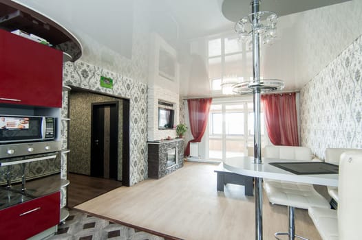 Russia, Moscow- May 17, 2019: interior room apartment. standard repair decoration in hostel. kitchen and dining room