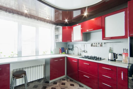 Russia, Moscow- May 17, 2019: interior room apartment. standard repair decoration in hostel. kitchen and dining room