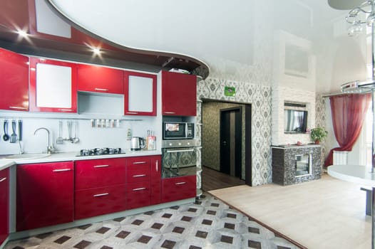Russia, Moscow- May 17, 2019: interior room apartment. standard repair decoration in hostel. kitchen and dining room