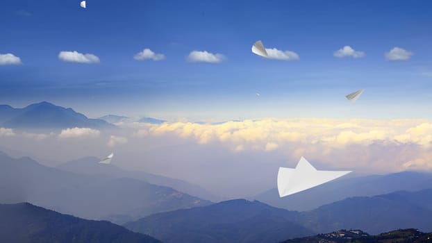 The 3d rendering of Paper airplane flying on sky background