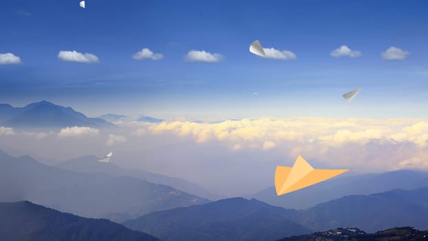 The 3d rendering of Paper airplane flying on sky background