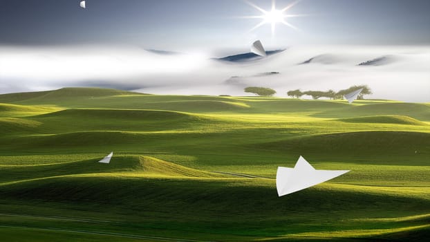 The 3d rendering of Paper airplane flying on sky background