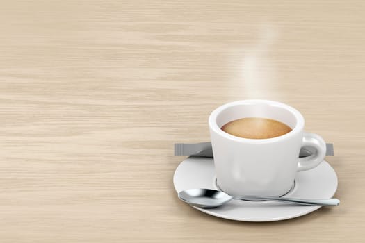 Hot espresso on the wooden table