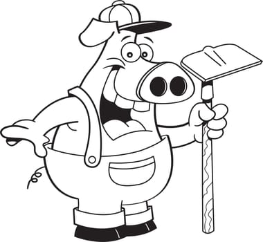 Black and white illustration of a pig in overalls holding a hoe.