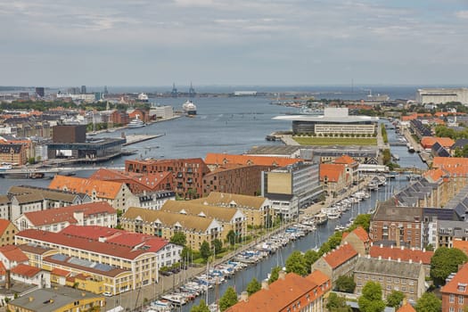 COPENHAGEN, DENMARK - JUNE 28, 2017: Skyline of scandinavian city of Copenhagen in Denmark during a cloudy day.