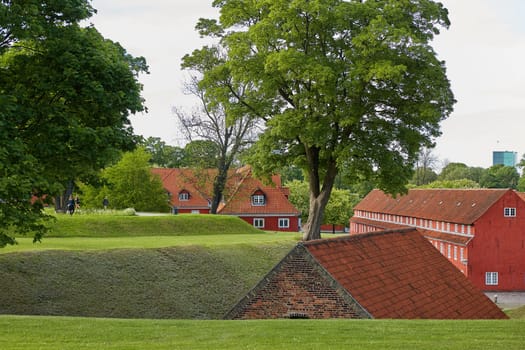 COPENHAGEN, DENMARK - MAY 25, 2017: Red houses in the historical Fortress Kastellet in Copenhagen
