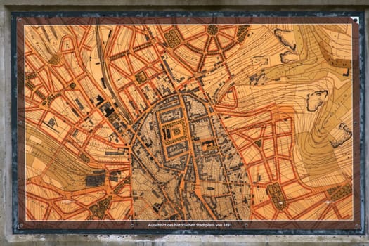 Pirmasens, Germany - October 05, 2019: The true-to-scale historical city map of the city of Pirmasens with streets, city walls and historic buildings on October 05, 2019 in Pirmasens..