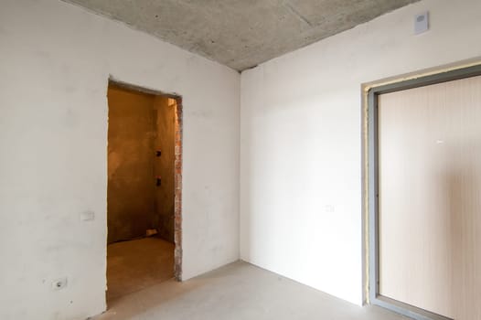 Russia, Moscow- May 17, 2019: interior room apartment. standard repair decoration in hostel. self-finish rough repair