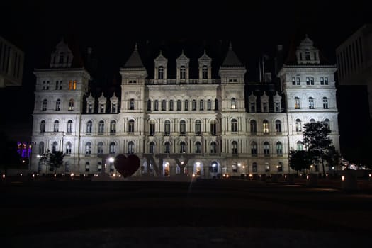 New York State Capitol at night in Albany