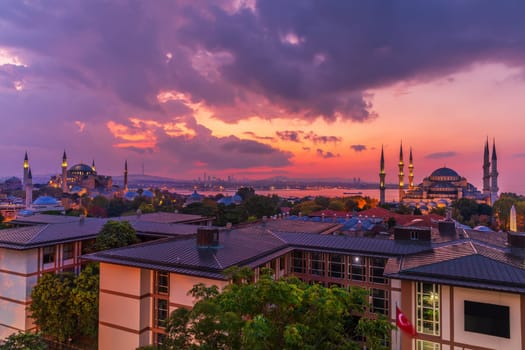 Beautiful sunset over the Hagia Sophia and the Blue Mosque, Istanbul panorama.