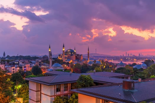 Hagia Sophia, the Bosphorus and the roofs of Istanbul, evening photo.