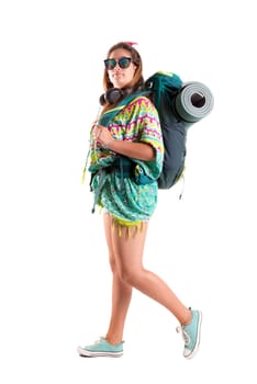Happy hiker girl with backpack isolated in white, trekking and travel lifestyle concept