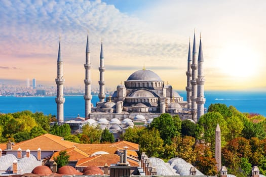 Sultan Ahmet Mosque in Istanbul, bright summer view.