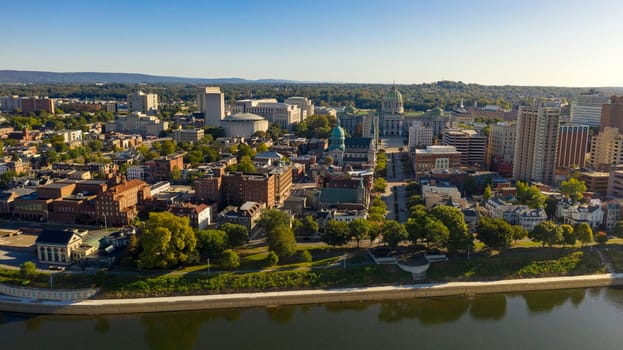 Morning light hits the buildings and downtown city center area in Pennsylvania state capital at Harrisburg