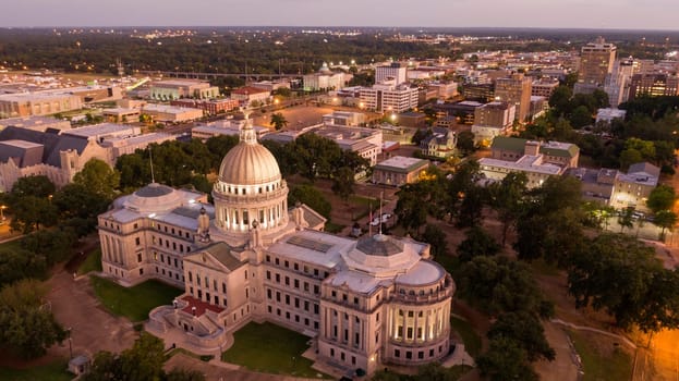 Aerial Perspective as night falls over the buildings and streets of Jackson Mississippi