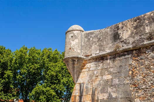 Detail of the old rampart wall and watchtower of the 16th century Citadel of Cascais Portugal