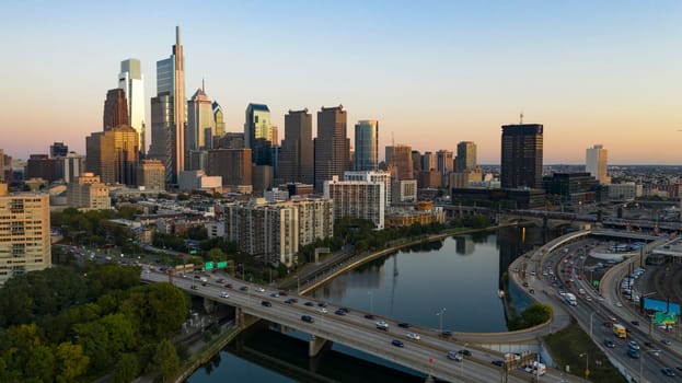 Vehicle traffic moves on bridges over the Schuylkill River into and out of Philadelphia