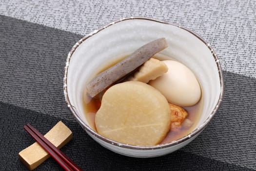 Japanese food, Oden in a bowl on black table